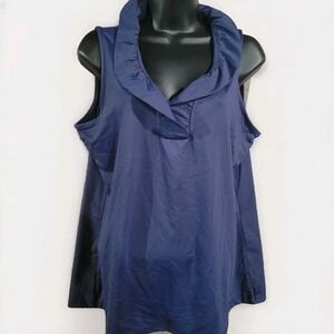 Lulu-B Navy Blue Ruffle Neck Blouse Sz L Sleeveless UPF 50+ Coastal Resort Beach